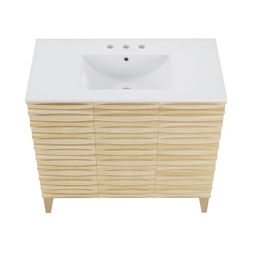 Image of Swiss Madison Cascade 36 in. Natural Oak Bathroom Vanity with White, 3-Hole Ceramic Sink Top