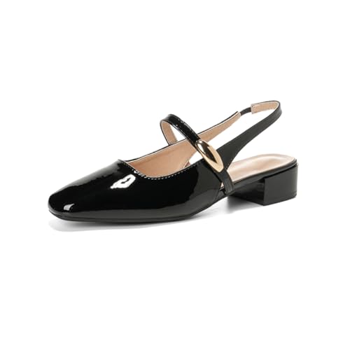 Women's Slingback Mary Jane Heels Gold Buckled Patent Leather Rounded Toe Chunky Heeled Classic Loafers