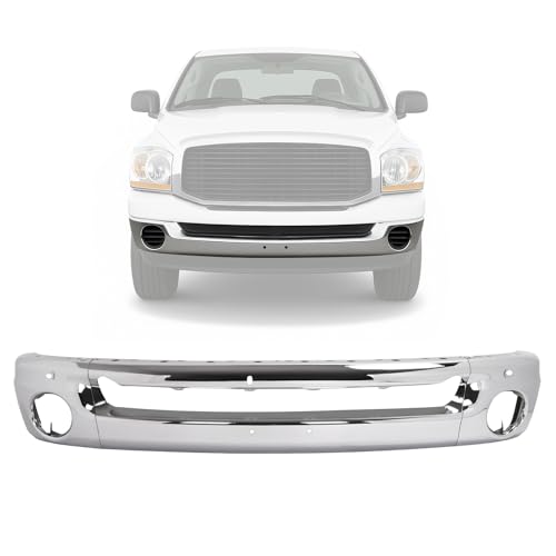 KUAFU Front Bumper Face Bar Compatible with 2003-2010 Dodge Ram 1500 2500 3500 Bumper Cover Impact Bar w/Fog Light Holes Replace for 55077946AA 55077946AB 55077103ABCH1002383 CH1002373 Chrome Silvery