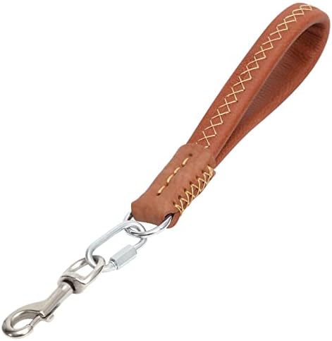 Guiding Star Brown Short Dog Leather Leash Padded Handle Real Leather Traffic Leash with Detachable Hook Sewn by Hand