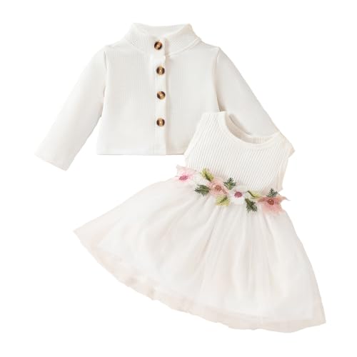 DivingBirds Vestido de niña y cárdigan para bebé, conjunto de 2 piezas, estampado floral, mariposa, vestidos de tul, manga larga, abrigo de gofre, ropa para niñas de 3 meses a 3 años, Blanco, 18-24