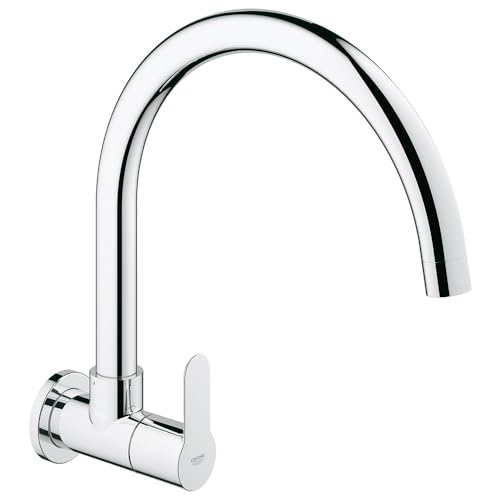 Image of Grohe BauEdge Single-Lever Sink Tap | Wall Mounted Kitchen Sink Tap | Cold-Only Single Lever Faucet with Swivel Tubular Spout | Chrome Finish | 10 Year Warranty | 31228000