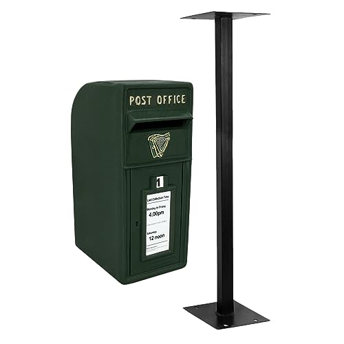 Buzón de Correos Verde Royal Mail Post Box Buzon de Pie Exterior Resistente al Agua con Cerradura+Soporte de Suelo+Pernos+2 Llaves para Entrega de Paquetes Regalos Postales Capacidad 5kg/200 Cartas