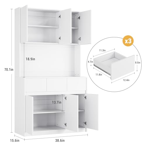 GarveeHome 71" Kitchen Pantry Cabinet, Kitchen Hutch Storage with Led Lights and Power Outlets, Buffet Cabinet with Microwave Stand, Adjustable Shelves, Handless Design, White