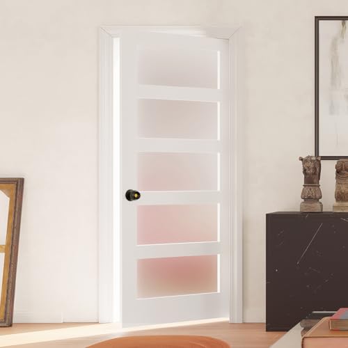 Image of 36 inchx 80 inch Frosted Glass French Door Slab, White 5 Lite Pantry Door with Black Knobs & Lock, Easy to Assemble Interior Doors for Bathroom, Bedroom, Laundry