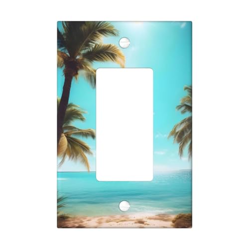 Cubiertas de salida con estampado de palmeras y mar, 1 placa de pared de tamaño estándar, cubiertas de placas frontales de policarbonato de doble salida