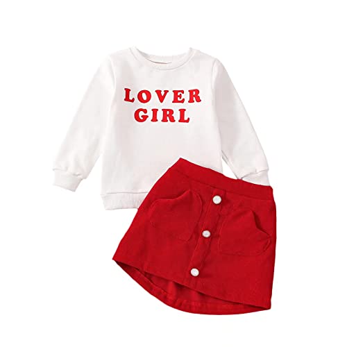 Toddler Valentines Day Outfit Baby Girl Valentines Shirt Love Sweatshirt+Heart Corduroy Skirts Cute Clothes Set (Lover Girl Red,2-3T) #TOP11