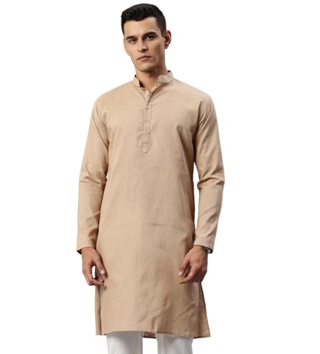 Image of Majestic Man Men's Cotton Regular Fit Casual Mandarin Collar Ethnic Motifs Solid Long Kurta