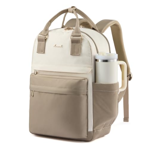 Image of LOVEVOOK Laptop Backpack for Women with Giant Tumbler Holder Pocket, 15.6 inch Laptop Computer Bag Travel Backpack Purse, Waterproof Work Nurse Teacher Bag College School Bookbag, Khaki & Beige