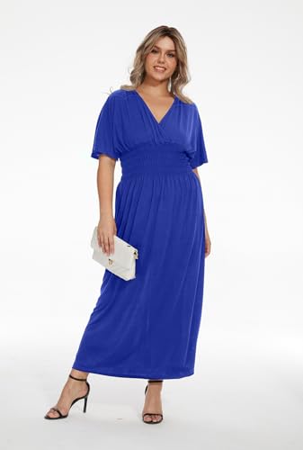 Image of OSTOO Women's Plus Size Hawaii Empire Waist Bat Short Sleeve Casual Floral Print Boho Maxi Dress