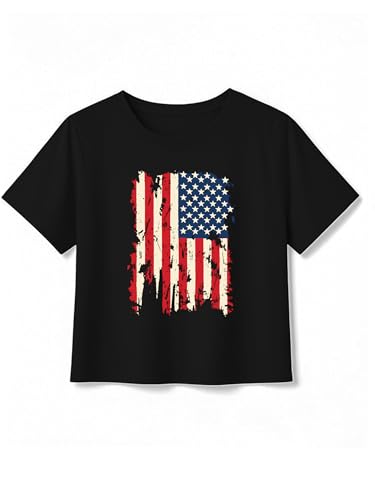 Image of VVNTY Girls American Flag Crop Tops Kids USA Crop Shirt Patriotic 4th of July Tops 5-14 Years