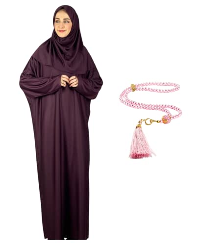 Modish Group Women Prayer Clothes with Hijab Muslim Outfits Long Robe Abaya Turkish Islamic Dresses Dubai Kaftan with Rosary (One Size, Cherry)