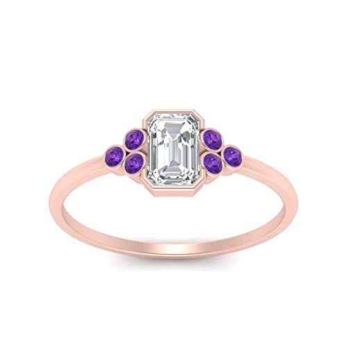 Image of Choose Your Gemstone Bezel Set Petite Diamond CZ Ring Rose Gold Plated Emerald Shape Petite Engagement Rings Everyday Jewelry Wedding Jewelry Handmade Gifts for Wife US Size 4 to 12