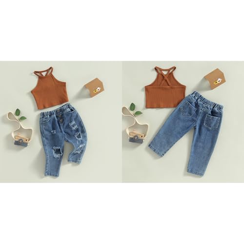 2PCS Baby Girl Halter Sleeveless Backless Tank Tops Ribbed Knitting Vest + Ripped Denim Pants Set3