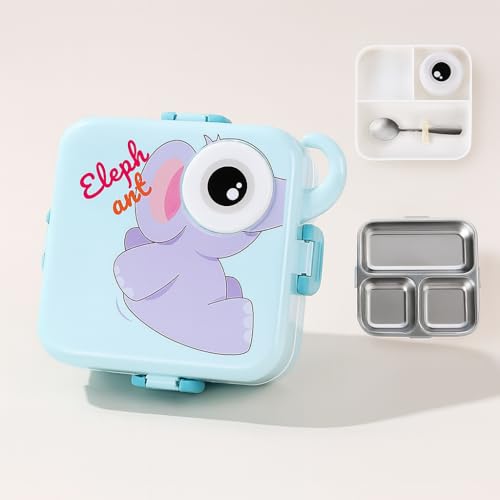 Image of YELONA 2-Layer Cartoon Shape Kids Lunch Box | Stainless Steel Inner, 3 Compartments | Airtight Leak-Proof BPA-Free Meal Box | 1120 ML + 70 ML Sauce Cup | School, Picnic Tiffin for Girls & Boys