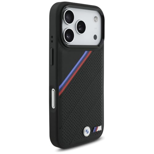 Image of CG MOBILE BMW [Official Licensed] Protective Case Designed for iPhone 17 Pro |Magnetic Compatible|M Collection|Pu Leather Tricolor Slanted Stripes & Metal Logos -Black
