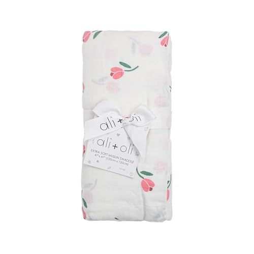 Image of Ali+Oli Muslin Swaddle Blanket for Baby (Tulip) Large 47 inch x 47 inch Soft Rayon Made from Bamboo & Organic Cotton, Machine Washable Receiving Blanket Wrap for Newborn to Toddler
