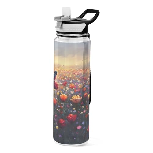 OWFKAY Botella de agua de 907.2 g con pajita, Tritan sin BPA, diseño de pájaros, flores silvestres, botella de agua deportiva con asa de transporte, a prueba de fugas, perfecta para viajes, escuela