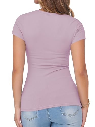 Image of Albe Rita Women Short Sleeve T-Shirt Cap V Neck Shirts for Women Ribbed Casual Top Knit Slim Fit for Summer