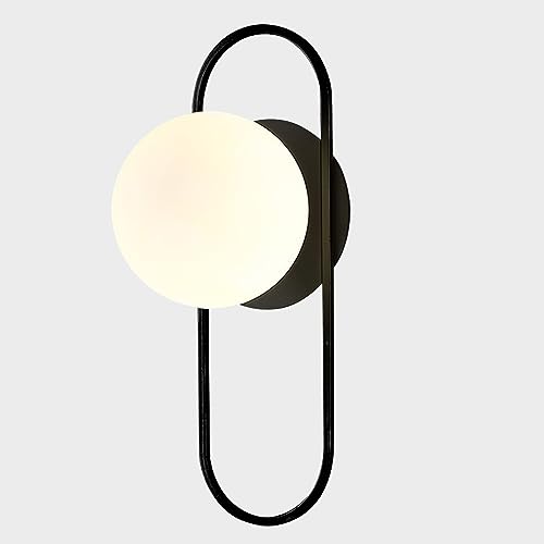 Image of Mid Century Modern Round Wall Sconce 1-Lights Black Globe Wall Sconce Lighting Minimalist Vanity White Glass Bathroom Wall Lamp Farmhouse Bedroom Bar Wall Light