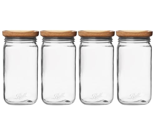 Ball Stack & Store Glass Mason Jars with Wooden Lid, Used for Pantry, Cookies, Flour, Cereal, Rice, Sugar, Tea, Coffee Beans, Spices, Square, 9.9-Cup (Pack of 4)