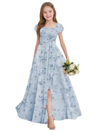 GATMAHE Chiffon Ruched Sqare Neck Junior Bridesmaid Dresses for Girls Short Sleeves High Low A-line Flower Girls Dress4