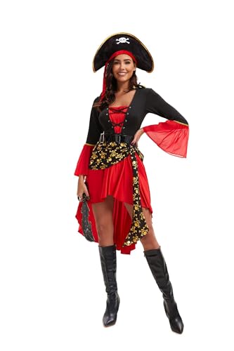 Velcoxplay Piratenkostüm Damen, Erwachsenenkostüm Piratin Set mit Kleid, Piraten Kopftuch, Gürtel für Halloween Karneval Cosplay S