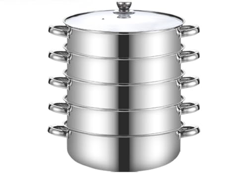 【Vofuxo】蒸し器 両手鍋 深型汎用鍋 ステンレス製 大容量 2 段 / 3 段 / 4 段 / 5 段 ガラス蓋付き クリーニングクロス付き 多機能 IH 対応 各種熱源対応 野菜蒸し 茶碗蒸し 中華料理 キッチン用品 調理器具 使いやすい 日常使用