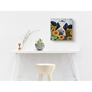Cow wall art farmhouse cow pictures wall decor country sunflower and cow painting canvas print decor rustic wall decor for kitchen bathroom dining room framed artwork farm cow wall decor 16×16  urban country home decor