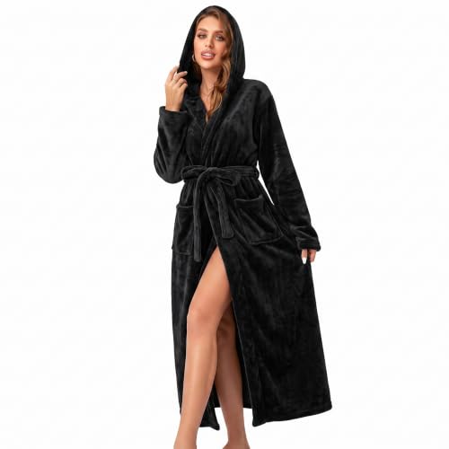 Image of RONGTAI Womens Robes Plush Fleece Hooded Bathrobe Thick Nightgown with Pockets Fluffy Sleepwear