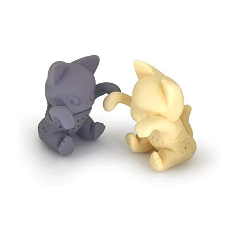 2 Cats Kittens Shape Beige/Gray Tea Infuser Loose Leaf Strainer Herbal & Fruit Tea Filter Diffuser Food Grade Silicone Pet Lover Twin Cats Lot of 2 pcs Cover