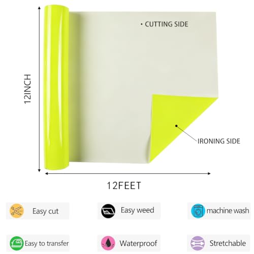 Image of HTV Neon Yellow Iron on Vinyl 12Inch by 12ft Roll HTV Heat Transfer Vinyl for T-Shirt HTV Vinyl Rolls for All Cutter Machine - Easy to Cut & Weed for Heat Vinyl Design (Neon Yellow, 12ft)