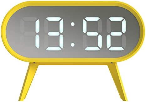 SPACE HOTEL® Cyborg Digital Alarm Clock with LED Display, 12/24Hr, Room Temperature, Snooze, Night Mode, Brightness Dimmer, Mirror Surface, USB Powered & Battery Backup (Yellow/Silver)