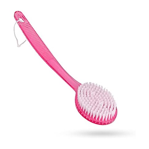 Bistras Bath Brush with Bristles, Bath and Shower Scrubber, Long Handle for Exfoliating Back, Body, and Feet, Pink (1 Pack) Cover