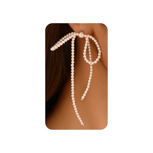 Bow Earrings for Women Long Tassel Pearl Drop Earrings