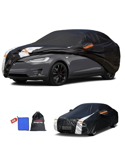 Image of 12-Layer Custom Fit Car Cover for Tesla Model X (2015-2026), Upgraded Waterproof All-Weather Full Exterior Cover with Door Zipper, for Snow Rain Dust and Sun UV Protection-Black.