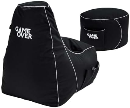 Game Over Video Gaming Bean Bag Chair with Footstool | Indoor Outdoor Highback Water Resistant Beanbag | Side Pockets & Headset Holder | Ergonomically Designed for Gamers (Purifying Code)