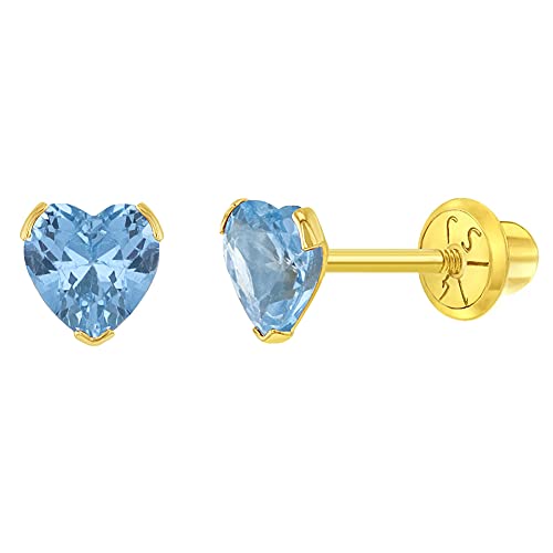 14K Yellow Gold 5Mm Simulated Aquamarine Birthstone Screw Back Earrings - Petite Heart Cubic Zirconia Stud Earrings For Babies, Toddlers, & Young Girls - March Birthday Jewelry Gift #TOP25