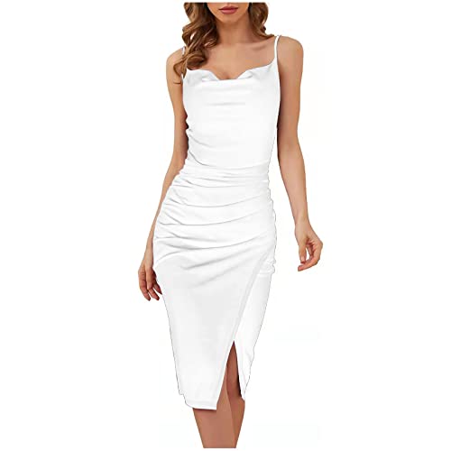 Ni_ka Robe De Cocktail Longue Moulante Epaule Denudee Robes De SoiréE Fendu Dress sans Manches à Bretelles Sexy Dresses Noir Blanc Taille S à 3XL