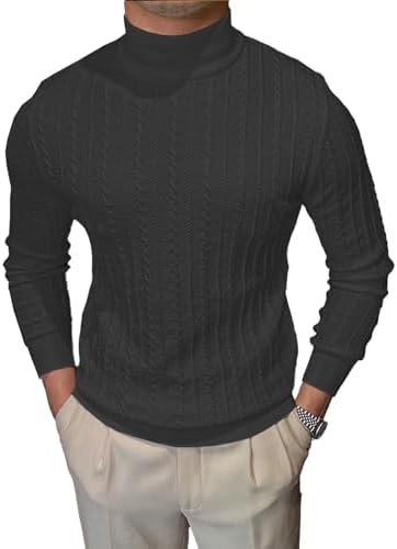 iudam Herren Rollkragenpullover Langarmshirt Cable Knit Sweater | Pullover, High Roll Neck, Basic Strickpullover, Slim Fit
