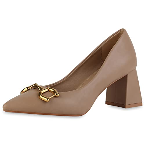 VAN HILL Damen Klassische Pumps Blockabsatz Schuhe Spitze Ketten...