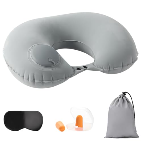 Almohada Viaje Cuello, Almohada de Viaje Hinchable, Cojin Cuello Viaje egornómica Reposacabezas con Antifaz y Tapones para los Oídos para Camping, Viajes, Avión, Tren, Coche, Oficina