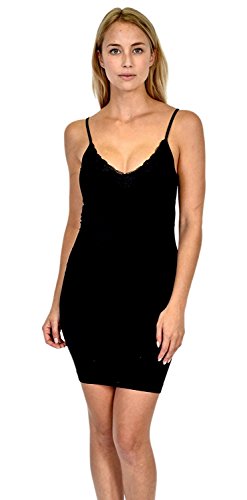 Patricia Lingerie Women's Soft Touch Sleeveless V-Neck Straight Cami Full Slip Dress with Spaghetti Strap (Black, Small)