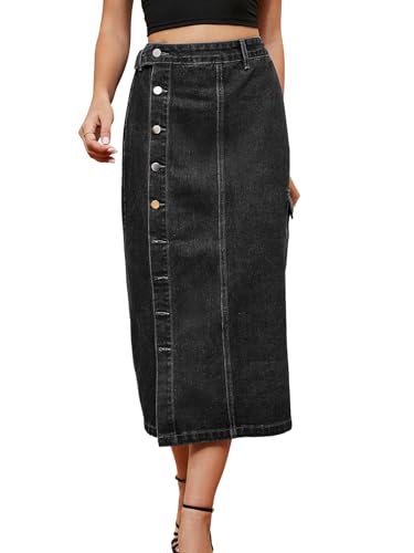 Women's Casual High Waist Denim Mid Skirt Slit Button Up Jean Skirts with Pockets(X-Large, Dark Grey)