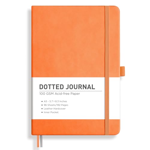 Image of RETTACY Dotted Journal Notebook, 192 Pages, A5 Medium Size (5.7'' x 8.3'') | Leather Hardcover, 100 GSM Thick Paper, for Journaling, Planning, Tracking (Orange)