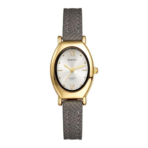 JewelryWe Oval Watch for Women: Gold Case White Dial Analog Quartz Casual Watches Adjustable Gray PU Leather Strap Wristwatch