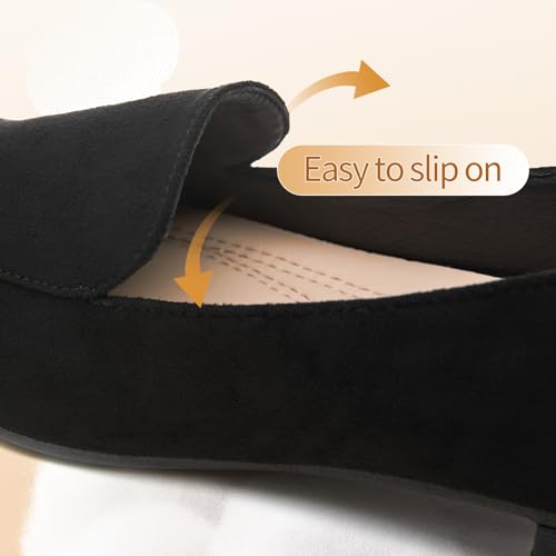 FINIWOR Womens Black Chunky Low Heel Pumps Suede Dress Flats Shoes Comfortable Work Loafers Business Office Shoes4