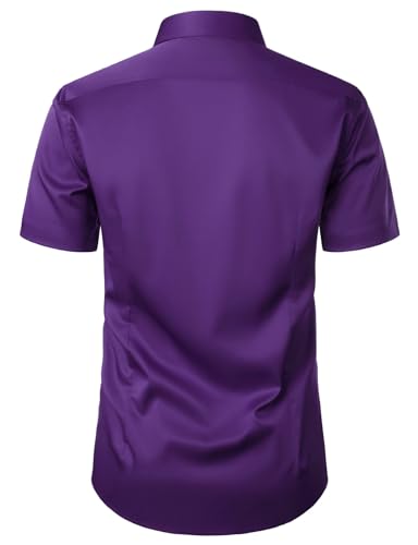 JEMITOP Men's Short Sleeve Dress Shirts Casual Business Formal Slim Fit Stretch Wrinkle Free Button Down Shirt Purple XXL - Image 3
