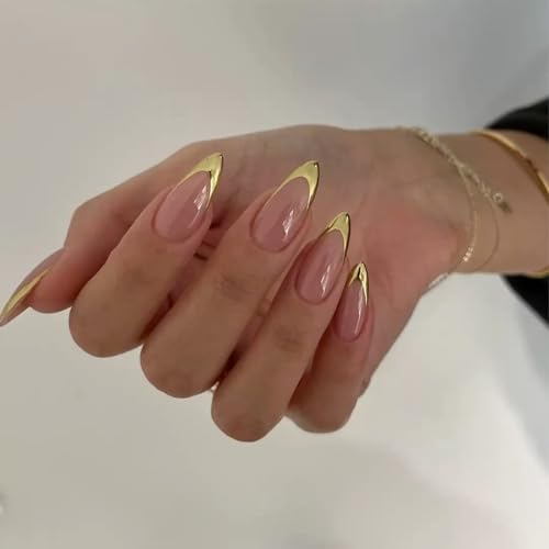 YOSOMMK Press on Nails Golden French Fake Nails with Designs Glossy Full Cover False Nails for Women Artificial Pink Long Almond False Nail for Women and Girls — view 3