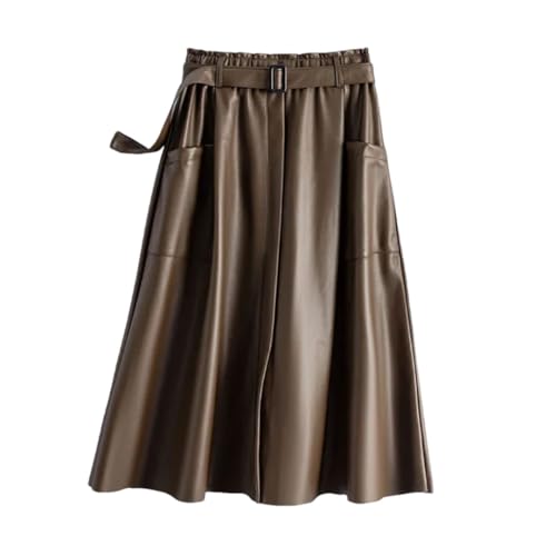 Women Pocket Pu Leather Skirt Elatic Waist A-Line Long Skirt Casual Wth Belts Skirts